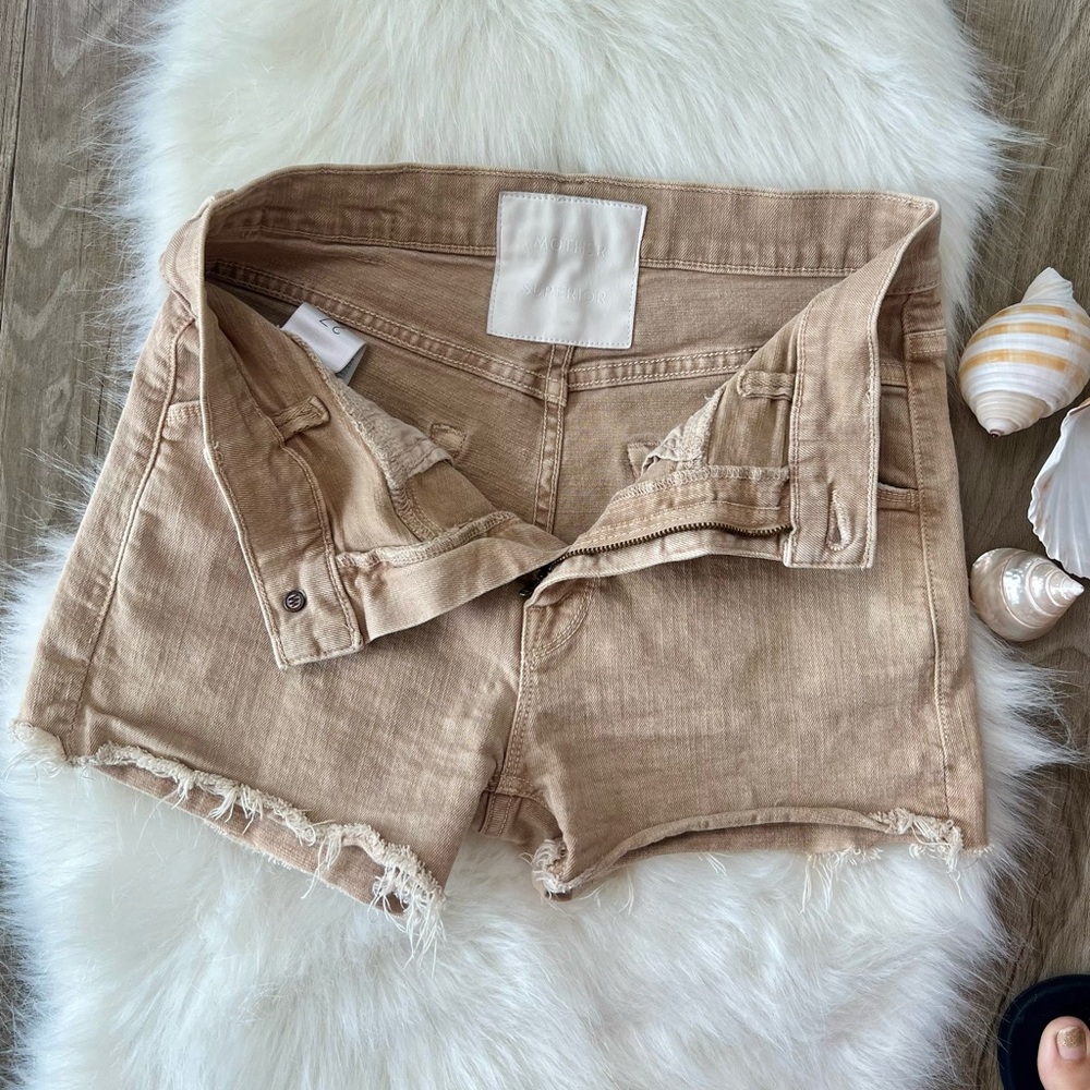 Mother high rise frayed hem tan denim shorts - Picture 2 of 6